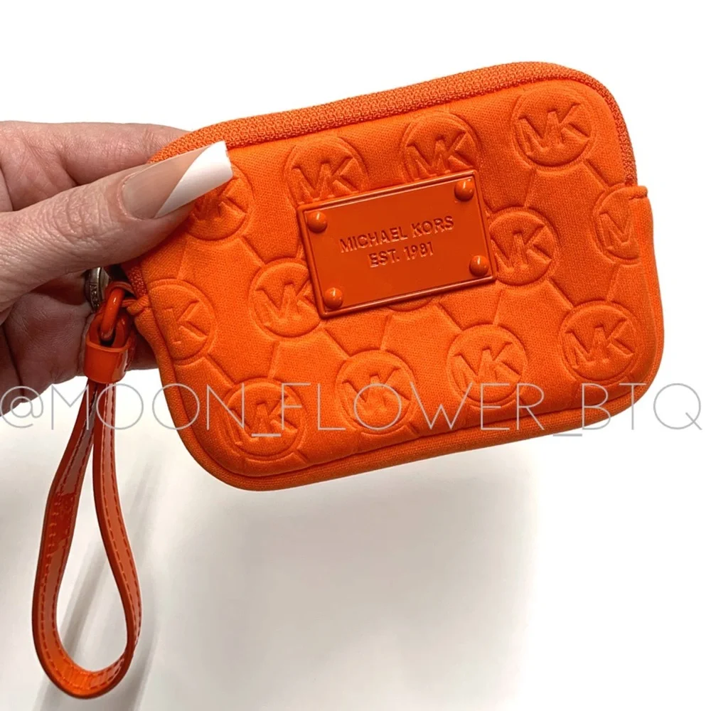 Michael Kors Jet Set Embossed Logo Scuba Fabric Wristlet Pouch Orange Neon RARE